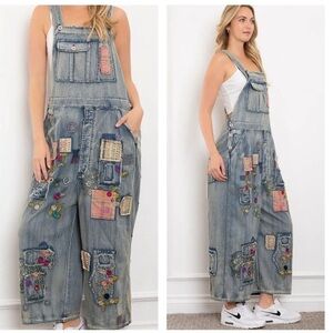 Blue Velvet Patchwork Embroidered Denim Overalls with Distressed Design